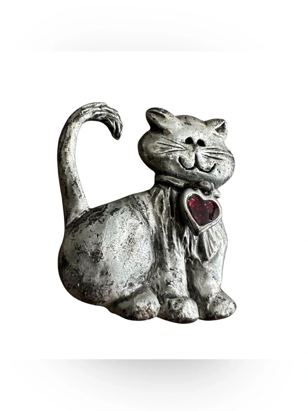 Vintage Style Silver Tone Cat Brooch Pin Red Rhinestone Heart